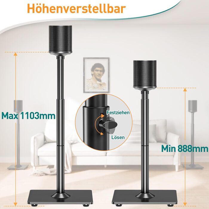 Підставка для колонок ELIVED для Sonos One, One SL, Play: 1, Era 100, регульована висота 88,8-110,3 см, пара, EV5024