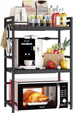 Регульована підставка для мікрохвильової печі, 2-рівнева розширювана, з вуглецевої сталі, з 8 гачками, органайзер для кухні (1 шт, чорний)