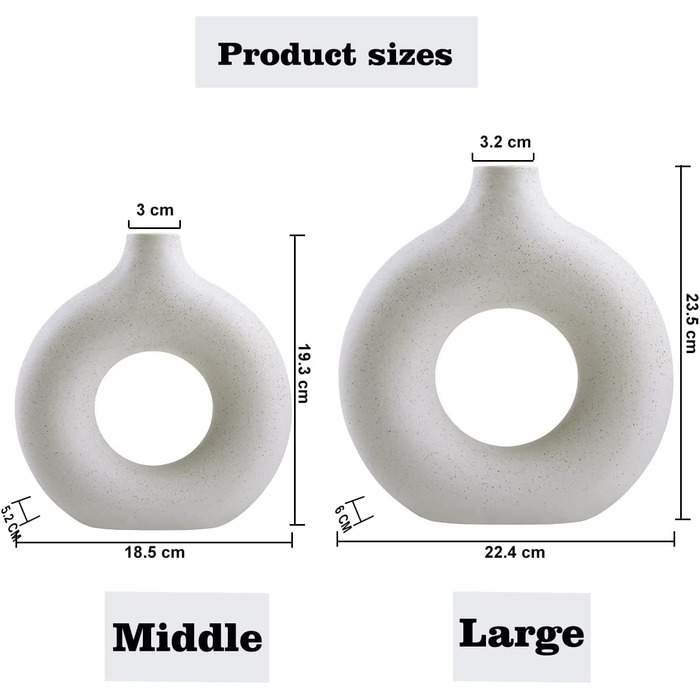 Ceramic Vase Set for Pampas Grass - 2pcs (Large & Medium), Modern Matte Donut Vases for Home Decor, Flowers, Table, Shelf, Fireplace, Living Room, Bedroom, Office, Wedding, Party, Gift - White