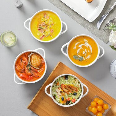 MALACASA Набір супових тарілок з ручками, 800 мл, 4 шт, порцеляна, білий, для французької цибулевої супи, каші та рагу