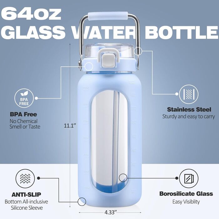 1.9L Glass Water Bottle, Glass Drinking Bottle with Straw and Stainless Steel Handle, Motivational Water Bottle with Silicone Case and Time Marker, Water Pitch (Light Blue2, 1893 ml)