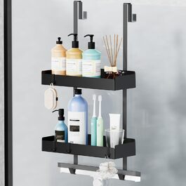 Підставка для душу настінна, полиця для душу з кріпленням для скляних душових кабін, тримач для шампуню в душ, корзина для душу без свердління, чорна з 8 гачками, нержавіюча сталь 65.5x30x11.2 см