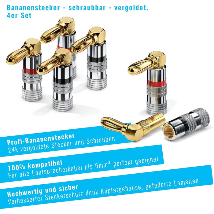 Бананові конектори Sonero® для акустичних кабелів до 6 мм², 4 шт. з кольоровим кодуванням (12x червоний, 12x чорний), 24K позолота (набір 4 шт., кут 90°, Single)