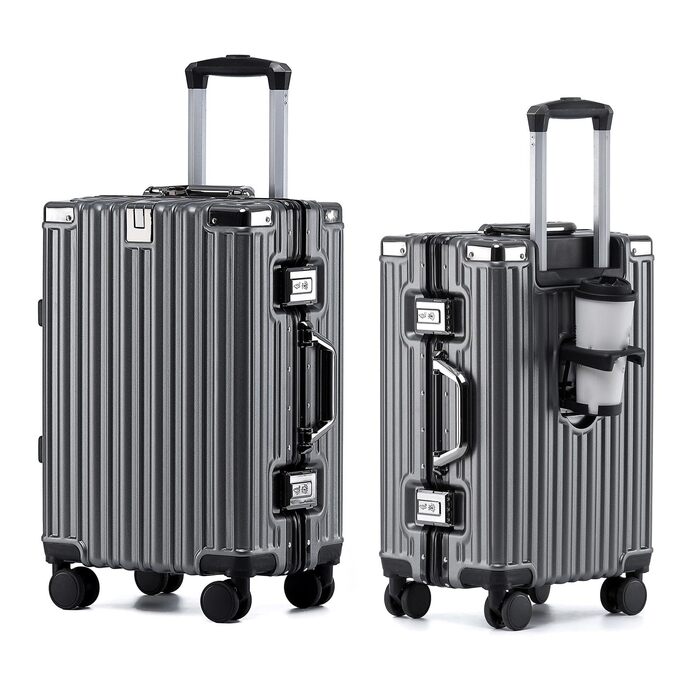 Валіза Aoliwei 67 см, жорсткий корпус з полікарбонату, 65 л, з підстаканником та TSA-замком, 4 колеса, сіра (розмір S)