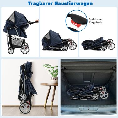 Візок для собак SOARS, до 15 кг, складний, з сітковими віконцями, тримачем для напоїв та кошиком для зберігання, візок для домашніх тварин для маленьких тварин (Темно-синій)