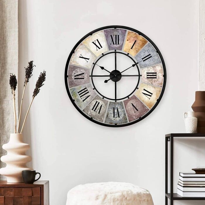 Large Vintage Wall Clock Living Room, No Ticking Sound, Modern XXL Wall Clocks, Roman Numerals, Retro Decor (Metal, Ø 50cm Diameter, Antique, Colorful)
