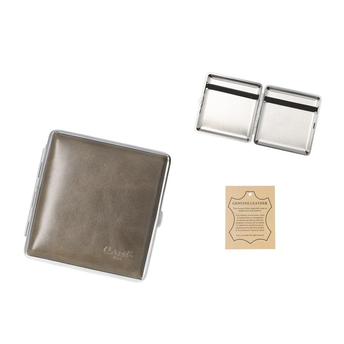 Leather cigarette case, 9.5 x 8.5 x 2 cm, holds 20 cigarettes with elastic band (Gray)
