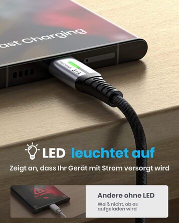 Кабель USB-C 2м з LED-підсвічуванням, швидка зарядка 3.1A, нейлон, чорний - сумісний з iPhone 15, Samsung Galaxy, Google Pixel