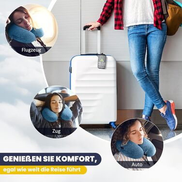 Подушка для шиї HIKENTURE надувна для подорожей літаком/поїздом з чохлом, синього/темно-синього кольору. Надувна подушка для шиї, зручна для дорослих.