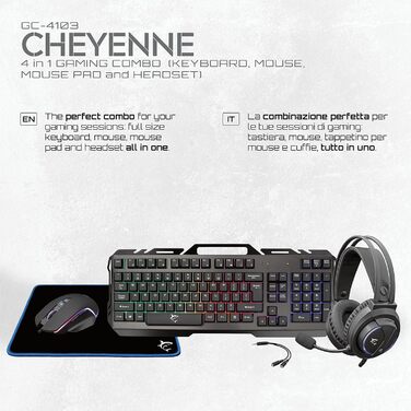 Ігровий набір White Shark Cheyenne 4-в-1: миша з LED-підсвічуванням, клавіатура з Anti-Ghosting, гарнітура з мікрофоном та килимок для миші, чорний