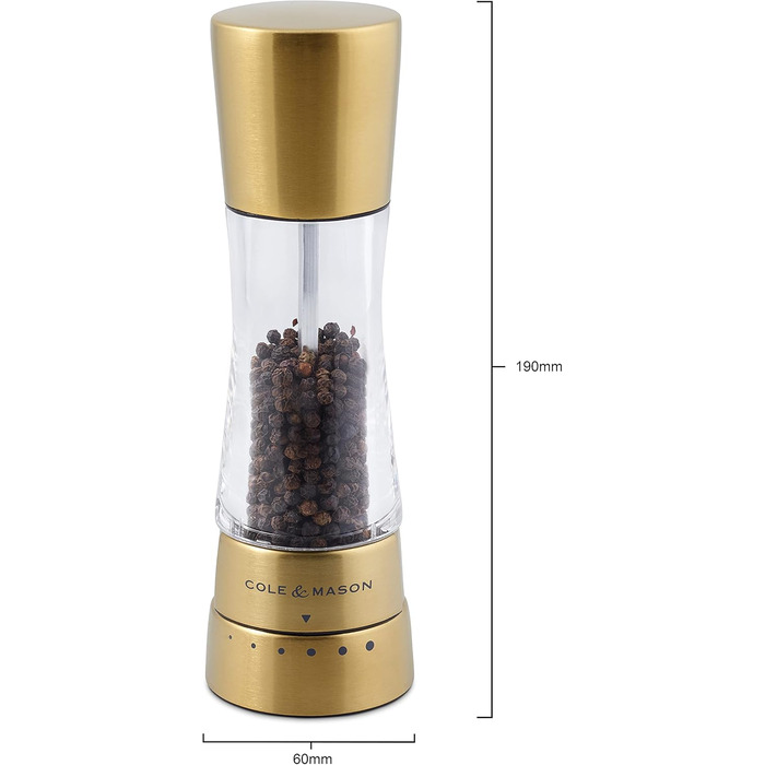 Cole & Mason Derwent Gold Salt and Pepper Grinder Set, Manual Spice Grinder with Adjustable Ceramic Grinder, Stainless Steel/Acrylic, 190mm, Precision+, Gift Set
