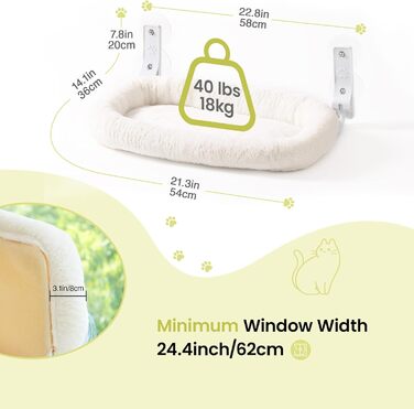 EWOOFUN Large Cat Hammock Window Perch - Removable Thick Cover - Foldable, Stable, 4 Strong Suction Cups, Holds 18kg (White), (Camel, M)