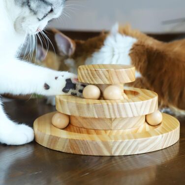 Cat toy self-entertainment, interactive cat toy made of bamboo, THREE tiers, rotating, smart track ball, swing roller with bells (Bamboo turntable)