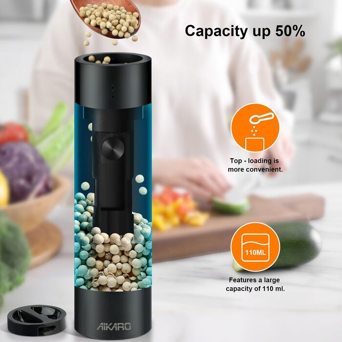Електрична млинка для солі та перцю Aikarо - автоматична, з акумулятором, перезарядна база в комплекті
