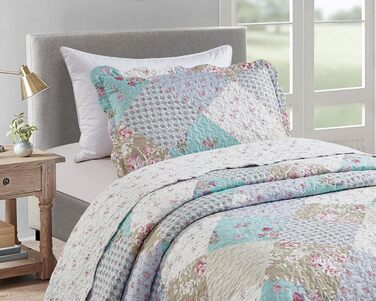 Набір постільної білизни Brilliant Sunshine Grey Heart Love Patchwork: ковдра та наволочка, двоспальне ліжко, блакитно-зелений, стегане покривало