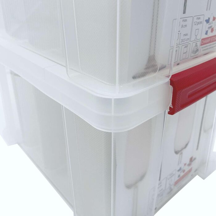 SUNDIS Glass Store, 27L Storage Box with Snap-On Lid, with 24 Compartments for Storing Stemware, Transparent Plastic, Reinforced, Stackable (Champagne Glasses)