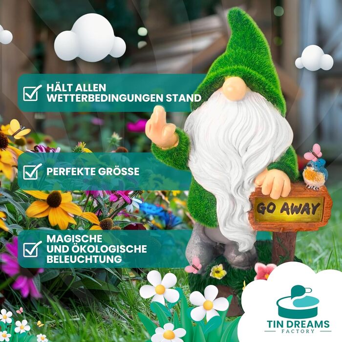TIN DREAMS FACTORY | Cheeky Garden Gnome with Middle Finger and Solar Light – Funny Decorative Figure made of Resin for Garden, Terrace, Balcony – Witty Weatherproof Outdoor Decoration