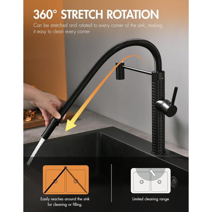 Чорний кухонний змішувач TIMACO висувний, 360° поворотний, для кухонної мийки | Змішувач для кухні