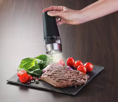 WENKO Electric Salt and Pepper Grinder, Elegant 2-in-1 Combination Grinder for Easy Grinding with a Button Press, with Ceramic Grinding Mechanism and Lighting, Battery-Powered, Dimensions: 7 x 17.5 x 6 cm, Black