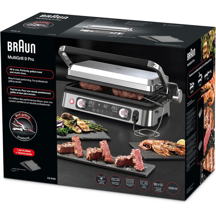 Електрогриль Braun MultiGrill 9 Pro CG 9160 з двома незалежними термостатами, 3 режимами приготування, антипригарними знімними пластинами, вбудованим термощупом, 2200 Вт, чорний/нержавійка