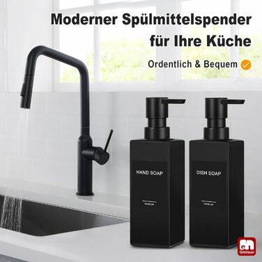 Дозатор для мила GMISUN для ванної кімнати та кухні, 350 мл, чорний скляний диспенсер з піддоном та водонепроникними етикетками (2 шт)