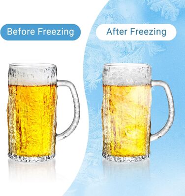 Набір з 2 скляних кружок для пива на 0,58 літра (490 мл) з ручкою, для морозильної камери, ретро стиль, подарунок для чоловіків