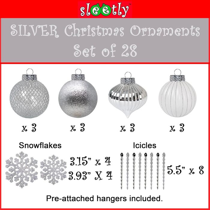 SLEETLY 28шт Білозолоті Новорічні Кулі для Прикраси Ялинки - Набір Декоративних Орнаментів, Сніжинки та Крижані Шарм, Стійкі до Ударів, для Святкового Прикрашання