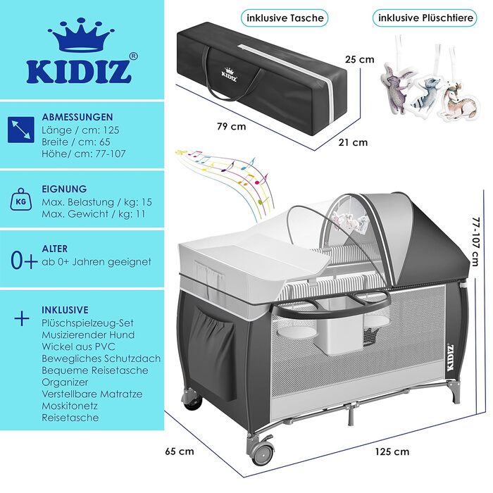 Kidiz® Baby Bed 3 in 1 Travel Bed Combo Set Baby Bed with Changing Pad Mosquito Net Playard Baby from Birth to 15 kg Airy Side Walls with Side Entrance Carry Bag Foldable, Grey