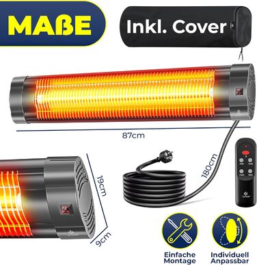 Інфрачервовий обігрівач KESSER® 2500W з пультом керування, 3 режими, миттєвий нагрів, кріплення на стіну, для тераси, кварцовий, з захисним чохлом, таймер, антрацит