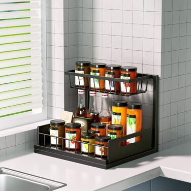 Cocolemon Metal Under Sink Shelf, 2-Tier Kitchen Cabinet Organizer with Drawer, Large Capacity Under Sink Shelf, Spice Rack and Kitchen Helper for Kitchen, Bathroom, Under Cabinet, Black