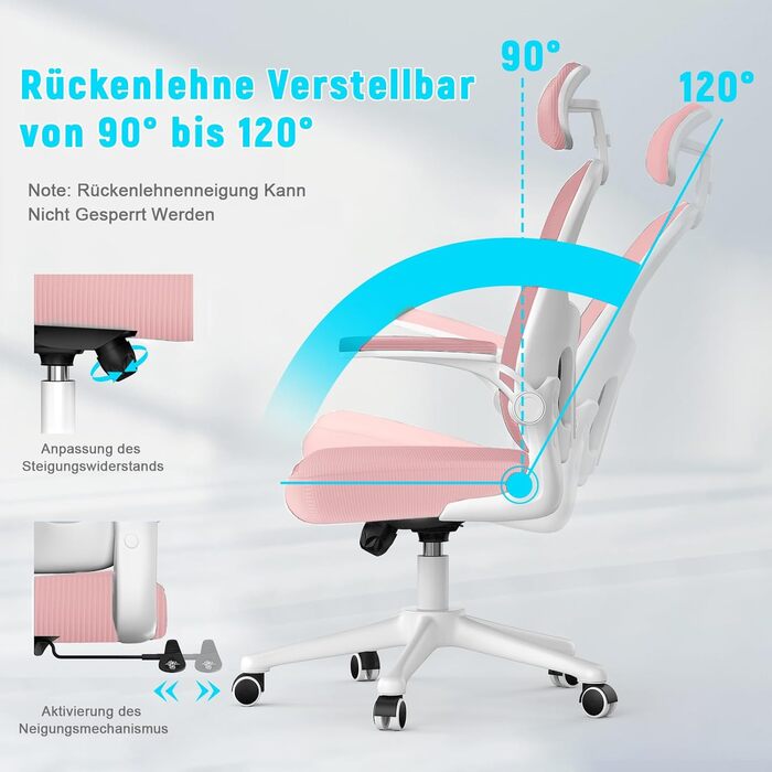 Офісний стіл Rattantree: ергономічний крісло з підтримкою попереку, регульовані підлокітники, регулювання висоти, поворотне крісло з дихаючою спинкою для офісу/кабінету (рожевий, з підголовником)