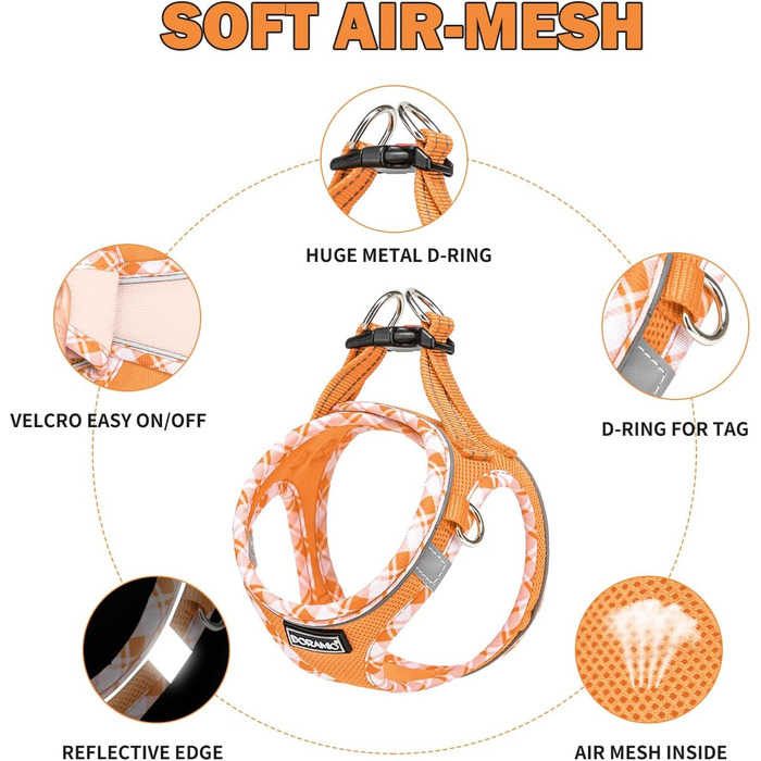 Нашийник для собак та котів, маленьких порід, з повідком, відбиваючий, дихаючий, анти-тяга, безпечний, помаранчевий (L)