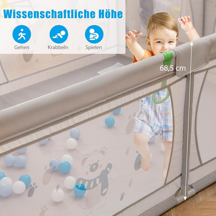 COSTWAY 205 x 147cm Playpen Baby foldable, Playard with 50 balls, 2 doors, side pocket, breathable mesh & zipper, playpen tent for infants & toddlers (Gray-Penguins) Gray-Penguins Without mattress
