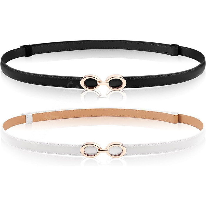 2 жіночі шкіряні ремені Skinny: тонкий, витончений, з золотою пряжкою для суконь та пальто (чорний+білий)