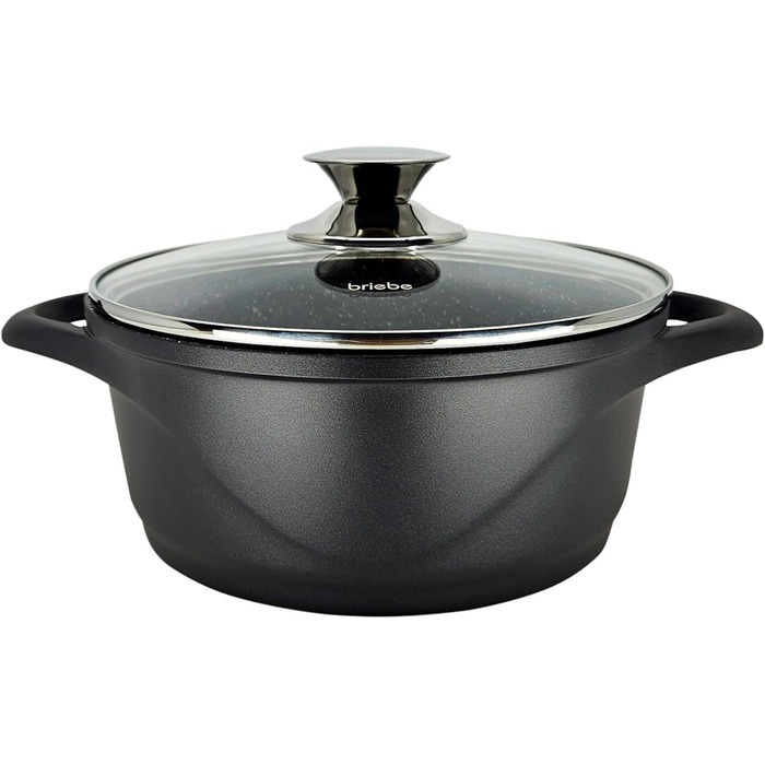 Набір посуду Induktion BRIEBЕ 12-ти частинний: 4 казани з алюмінію, 2 сковорідки з антипригарним покриттям ILAG GRANITEC (без PFOA), кришки зі скла, рукавички з силікону. Підходить для індукційних, газових плит та духовки.