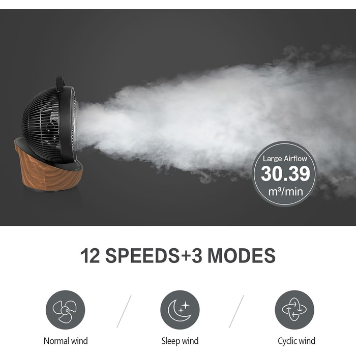 Вентилятор 4UMOR Turbo: тихий, 21W, 12 швидкостей, 3D циркуляція повітря, таймер 8H, для спальні/офісу, 30 м²