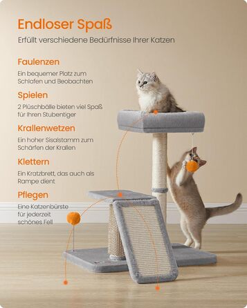 Feandrea Cat Tree with Lounging Area, Multifunctional Cat Tree with Platform, Swivel Ramp, Cat Brush, Plush Balls, Scratching Post, Small Cat Tree, 66.6 cm High, Light Grey PCA024G01