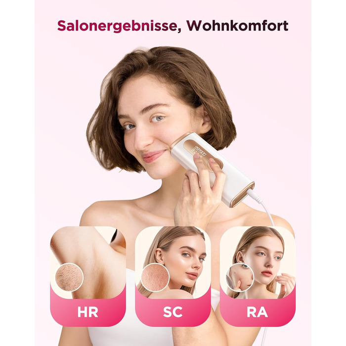 Пристрій для епіляції IPL Haarlosy з функцією охолодження - безболісна епіляція лазером, 3 функції (HR/SC/RA), 9 рівнів, 999 900 імпульсів для жінок та чоловіків, для тіла, ніг, зони бікіні, пахв (білий)