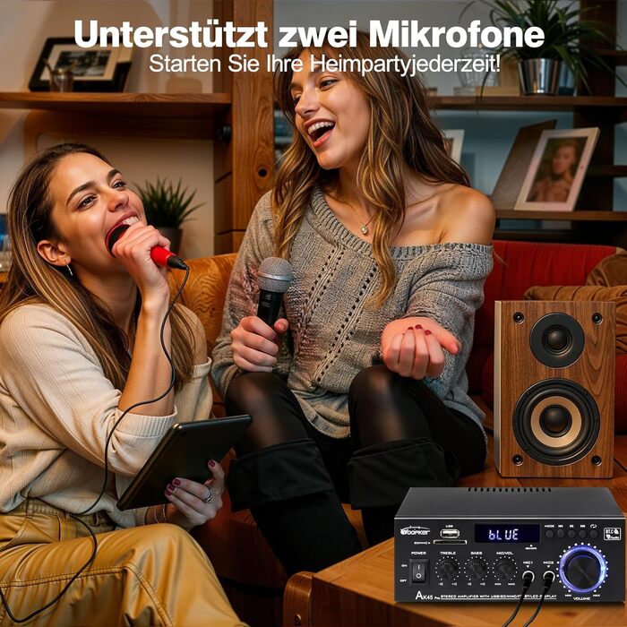 AK45 Pro HiFi підсилювач WOOPKER Mini, 500Вт, 2-канальний, Bluetooth, HiFi стерео з FM-радіо, USB, SD, RCA, MIC, аудіо ресивер для дому та авто