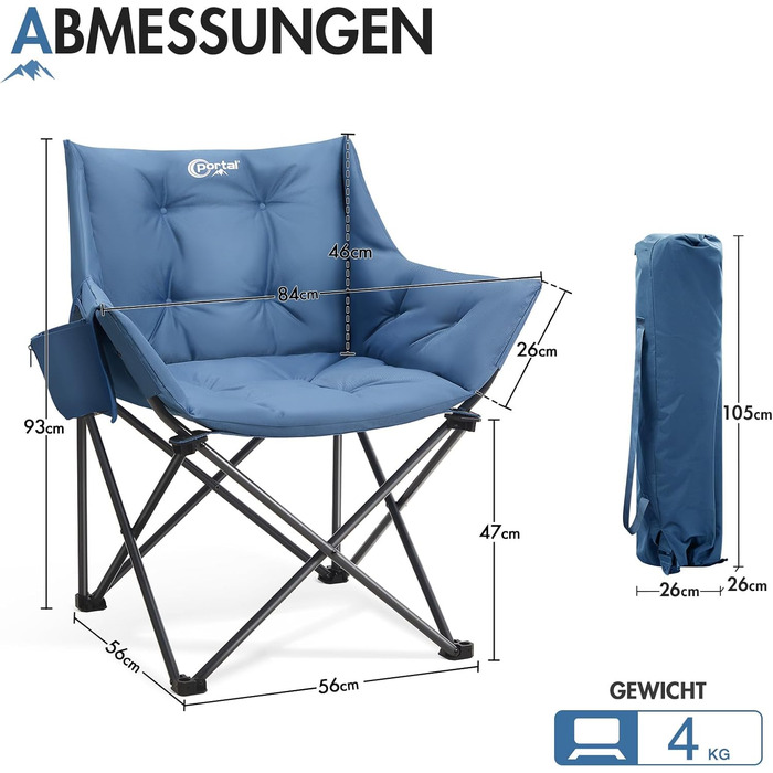 Крісло для кемпінгу складне, XXL, з підлокітниками, 150 кг, блакитне