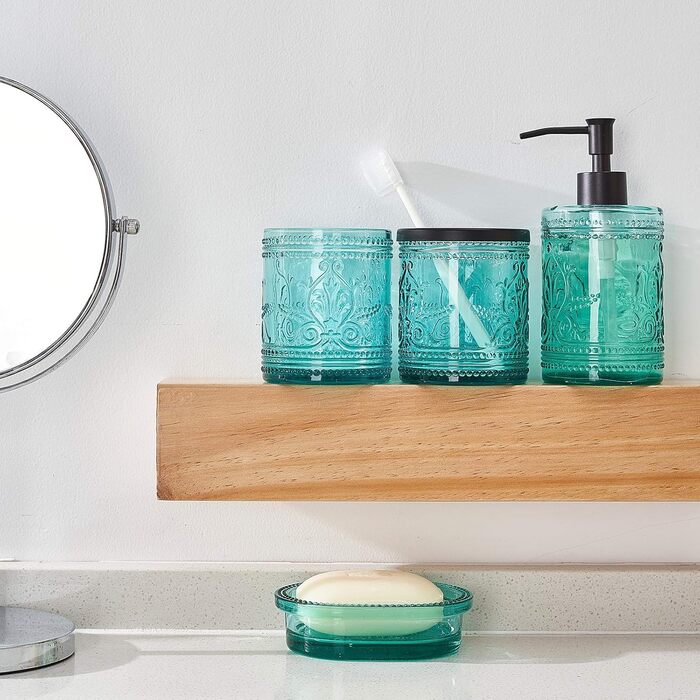 4-piece glass bathroom accessory set with decorative pressed pattern, including soap dispenser, tumbler, soap dish, and toothbrush holder, blue-green