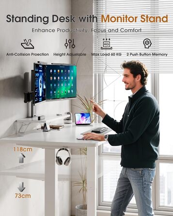TriumphKey Adjustable Height Standing Desk with Monitor Stand - Electric Ergonomic Desk, 120x60cm White