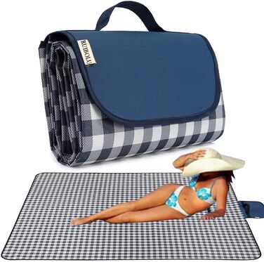 Великий пляжний рушник RUIBOLU для пікніка на 2-4 особи, водонепроникний, швидковисихаючий, для подорожей, кемпінгу, парку, газону (темно-синій в клітинку)