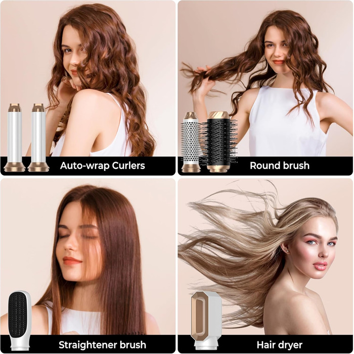 Набір для укладки волосся 6 в 1 Airstyler: фен-щітка, дифузор, локони, об'єм, випрямлення, сушка (білий/сірий)