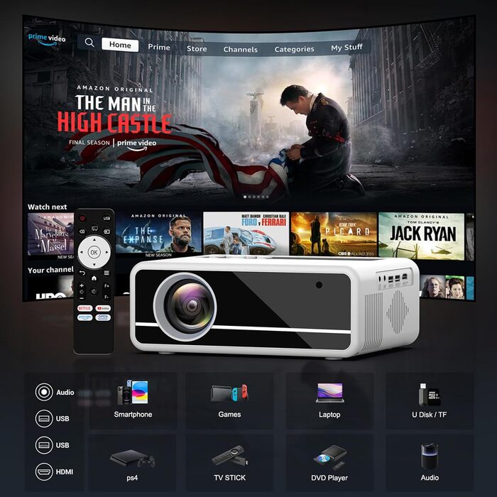 Проектор AKATUO Smart 4K з підтримкою Netflix, Full HD 1080P, WiFi6 Bluetooth, електричним фокусом та автотрапецеїдною корекцією для дому та вулиці (сумісний з iPhone)