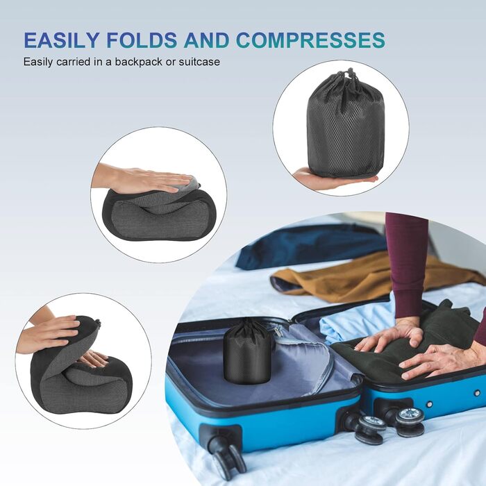 Подушка для шиї Eono з Memory Foam, ергономічна, для подорожей, з маскою для сну та навушниками, чорна