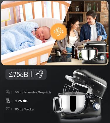 Fentic Stand Mixer - 2000W - Stainless Steel Mixing Bowl (6.2 L) - Stand Mixer with Dough Hook, Beater Hook, Whisk, and Splash Guard - Includes Additional Accessories - Black