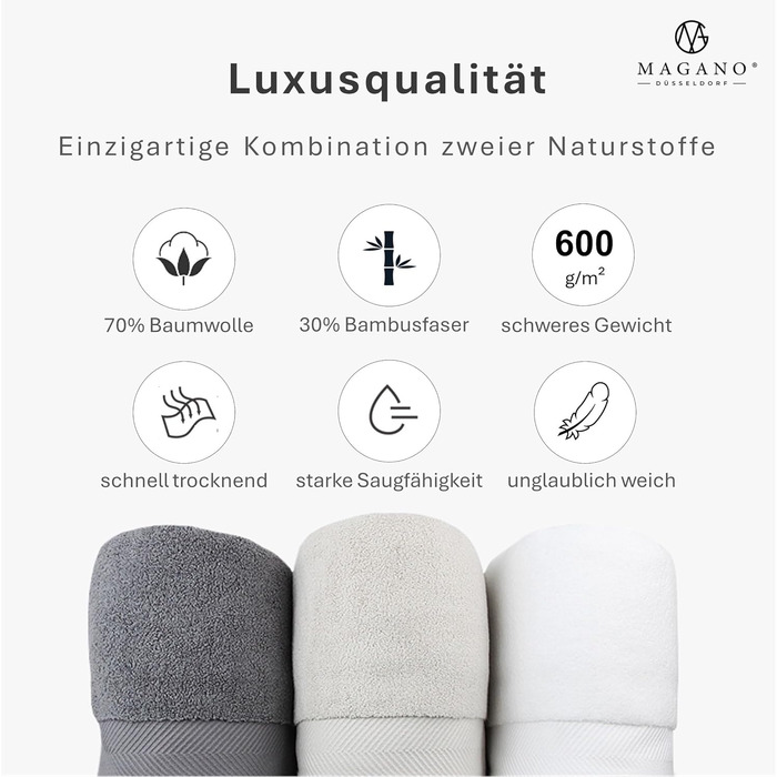 MAGANO® Luxury Towel Set White | 2X Bath Towel 70x140 cm | Bamboo & Cotton | 600g/m² Premium Quality | Large Bath Towels | Towel 2-Piece Set (White)