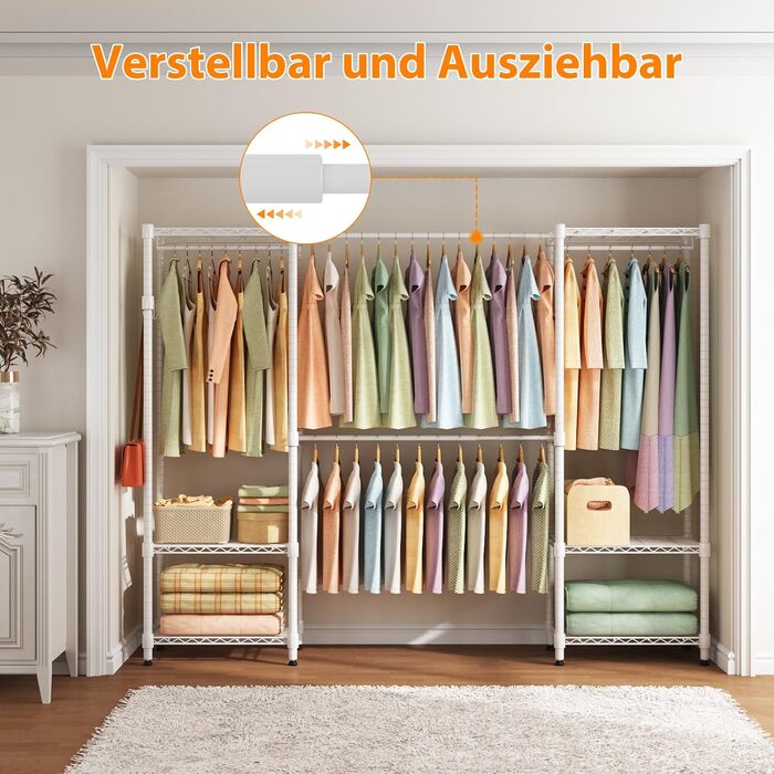 Тeleskopна штанга Himimi для одягу з 4 перекладинами та 6 регульованими полицями, 1 гачок, телескопічна система полиць B (175-230) x H180 см, адаптована для різних приміщень (білий)