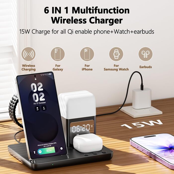 Багатофункціональна зарядка 6 в 1 з індуктивним бездротовим зарядним пристроєм, будильником та нічником, сумісна з Samsung Galaxy S25/24/Galaxy Buds3/Galaxy Watch, iPhone 16/15/AirPods4/3, жовта